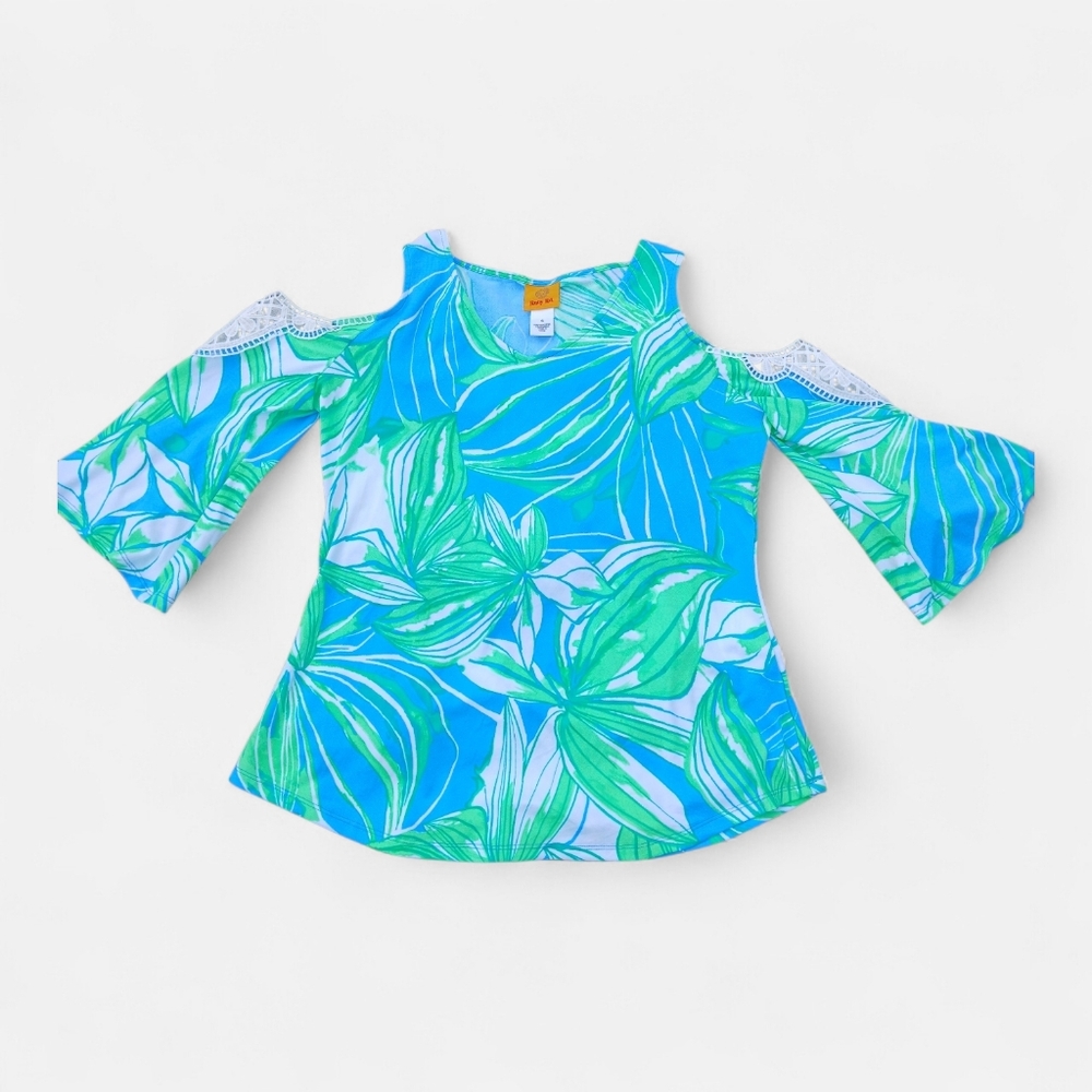 Ruby Rd Size Small Tropical Blue, Green And White Shirt